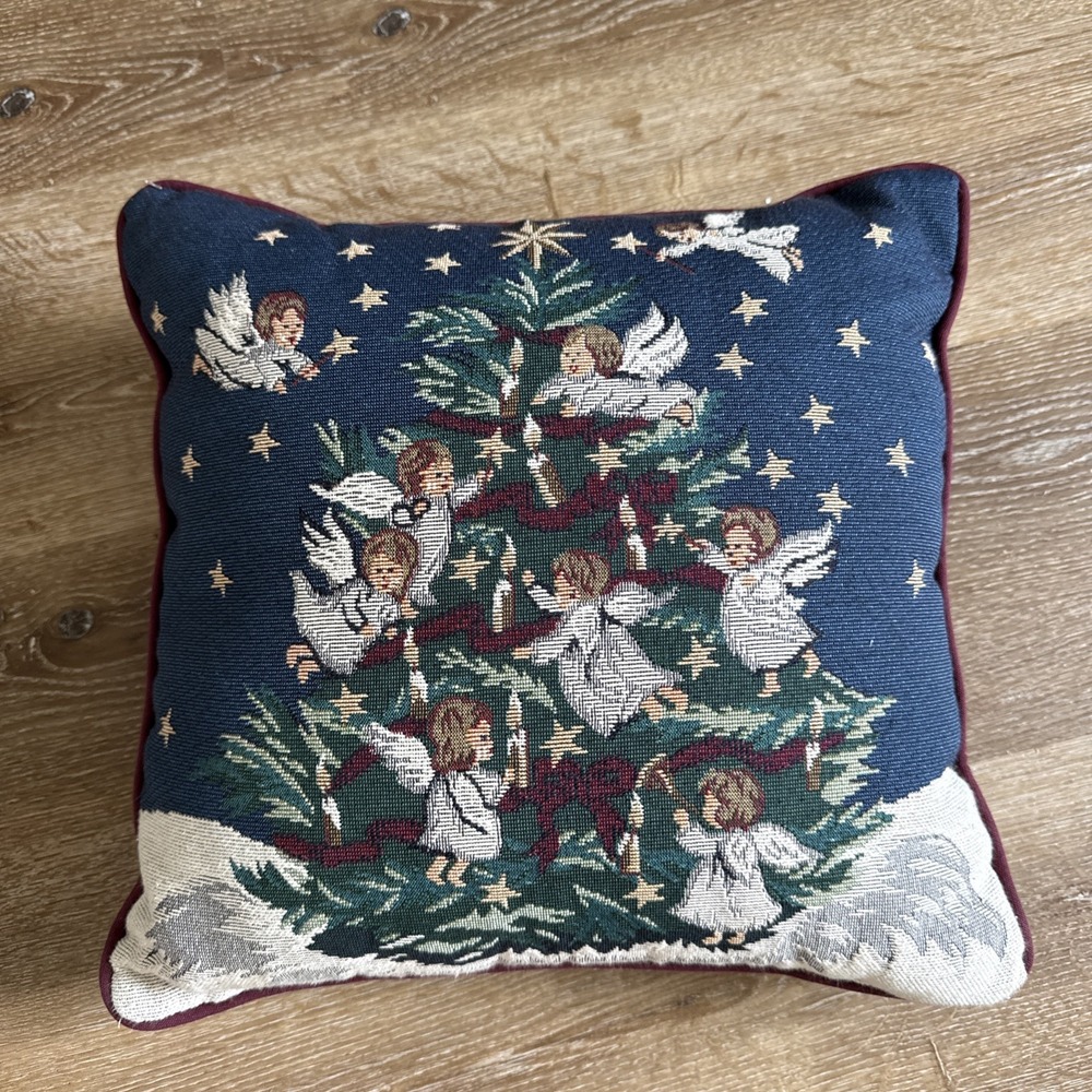 Vintage Newport Angels Tapestry Christmas Pillow: Elegant Holiday Decor 15x15